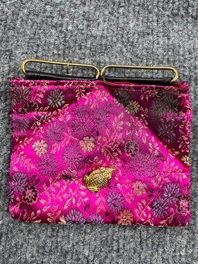 Vintage Women's Pink Silk Brocade Coin Purse Frog Charm Small Pouch Cosmetic Bag